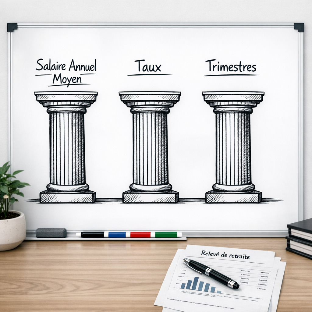 Tableau blanc présentant les trois piliers du calcul de la retraite
