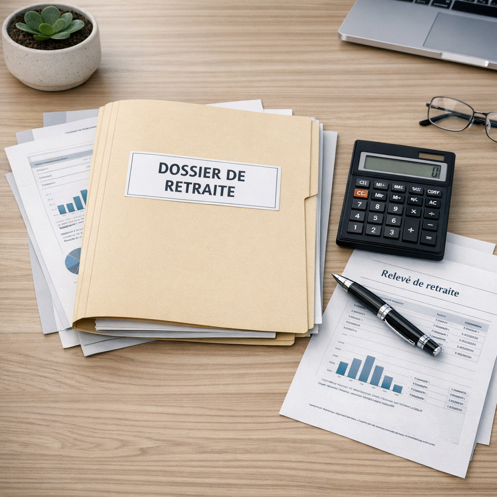 Dossier de retraite sur un bureau avec documents et calculatrice