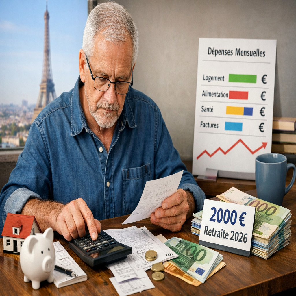 Personne retraitée calculant son budget mensuel avec 2000 euros en France en 2026