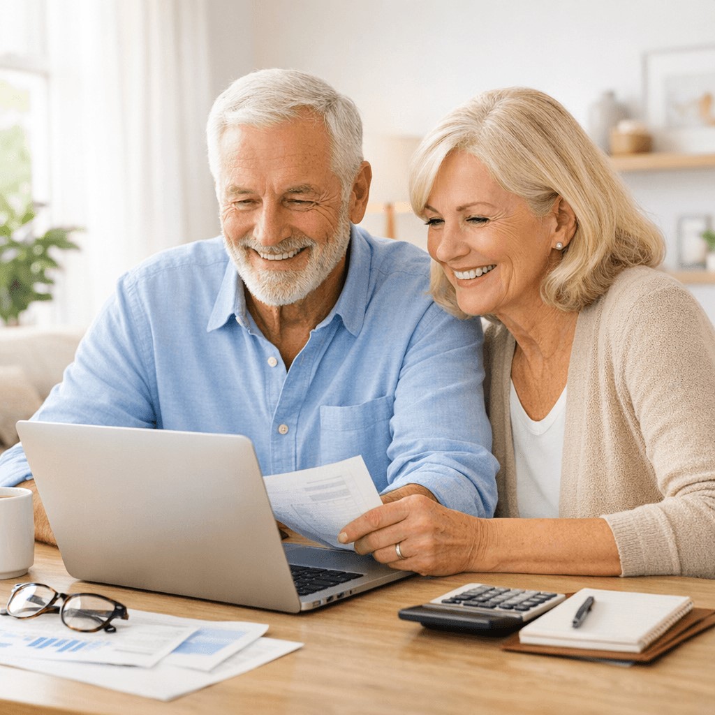 Un couple de retraités souriants examine ses finances sur un ordinateur portable, dans un cadre lumineux et moderne.