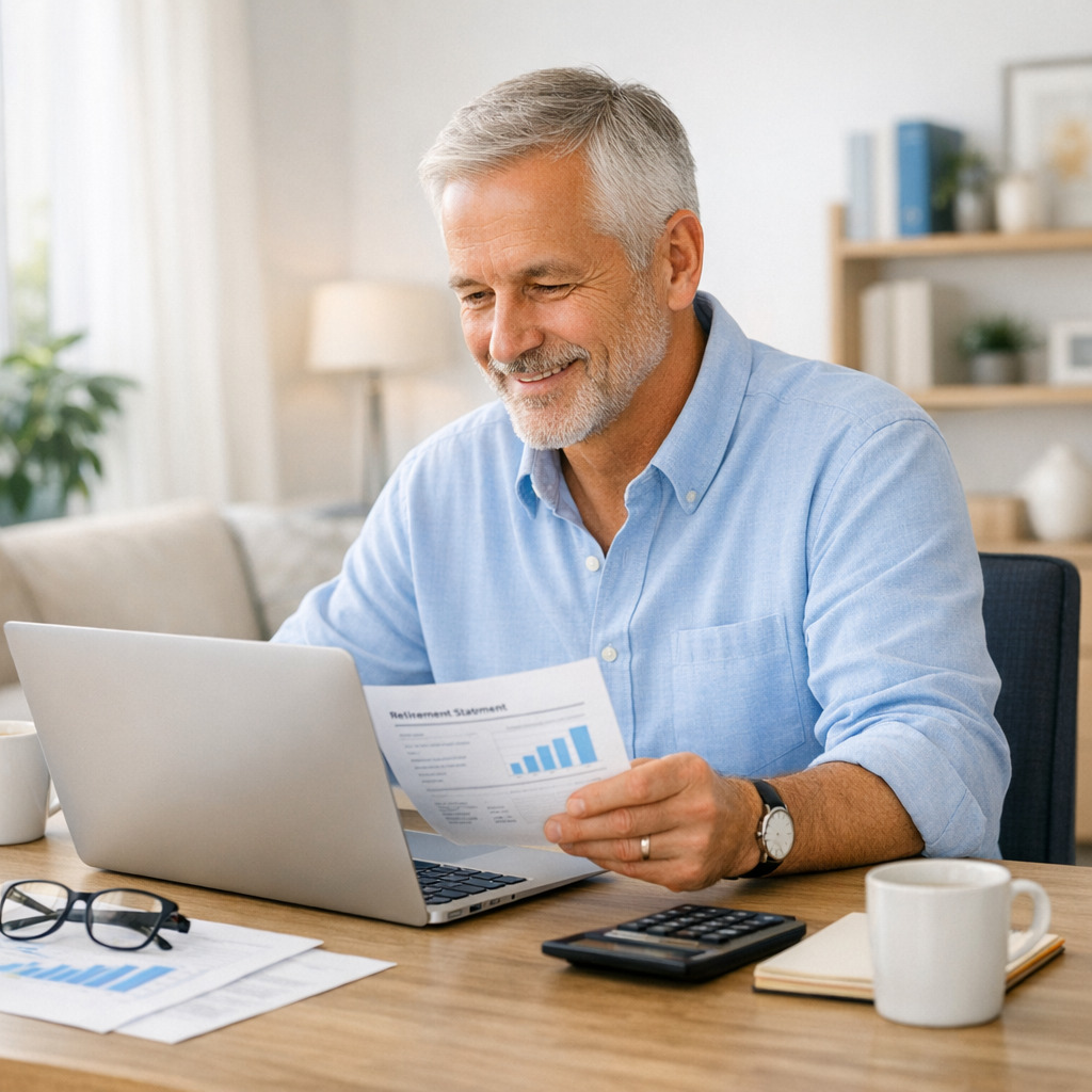 Homme en fin de carrière consultant son bilan retraite sur un ordinateur portable dans un bureau lumineux.