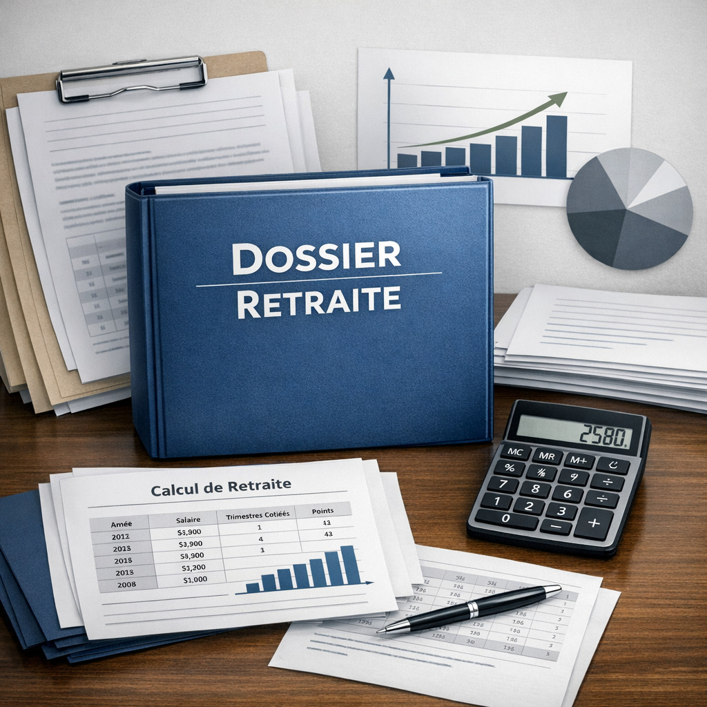 Dossier retraite et calculatrice illustrant le calcul des trimestres